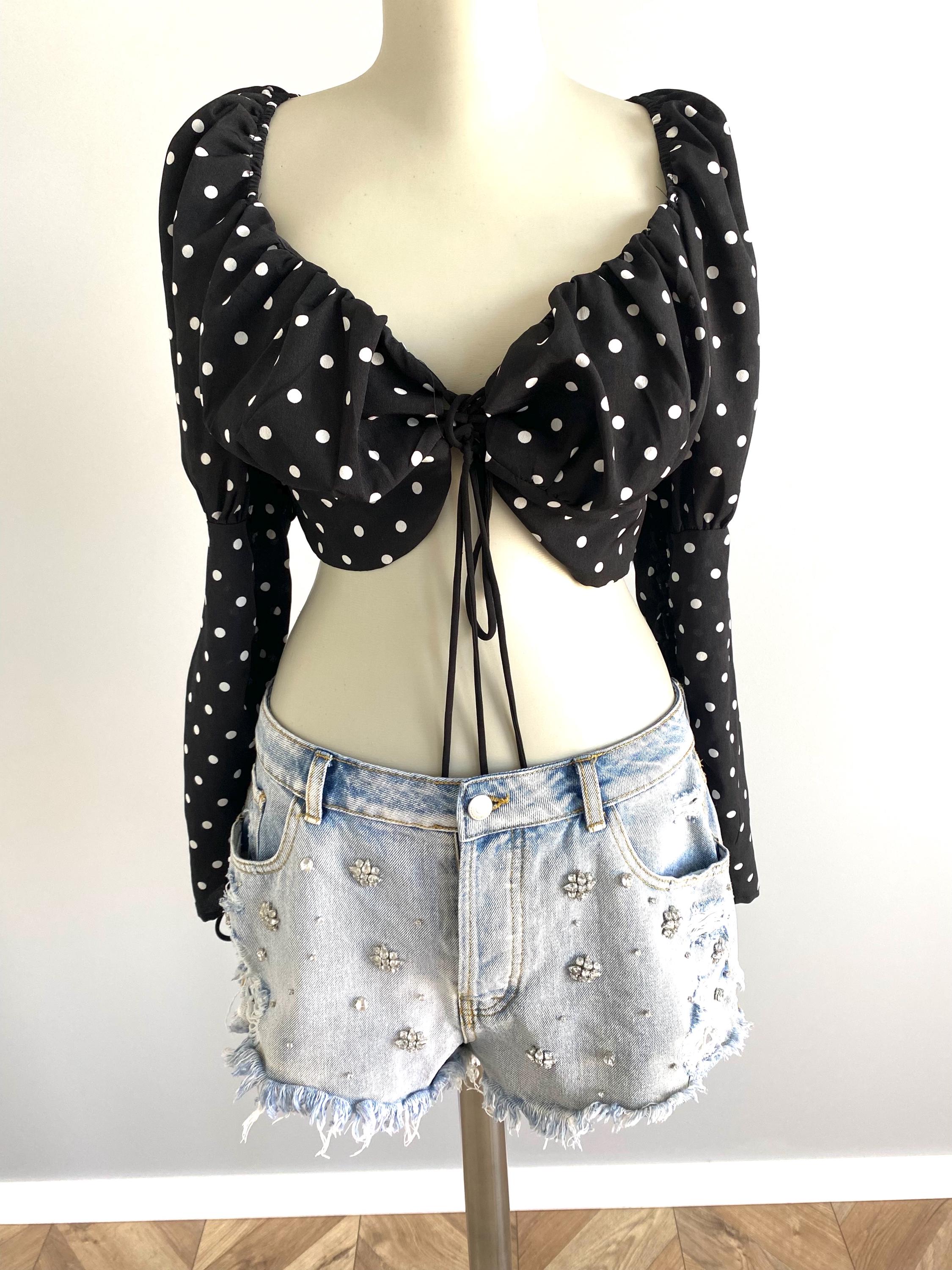 Womens Top Long Puff Sleeve Polka Dots Crop Top Womens Party