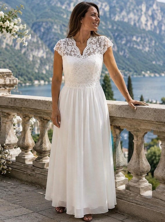white boho formal dress Lace Maxi M US 10, Elegant Long Evening Dress, Wedding Guest Gown, Romantic Summer Party Dress Hand Cool iron