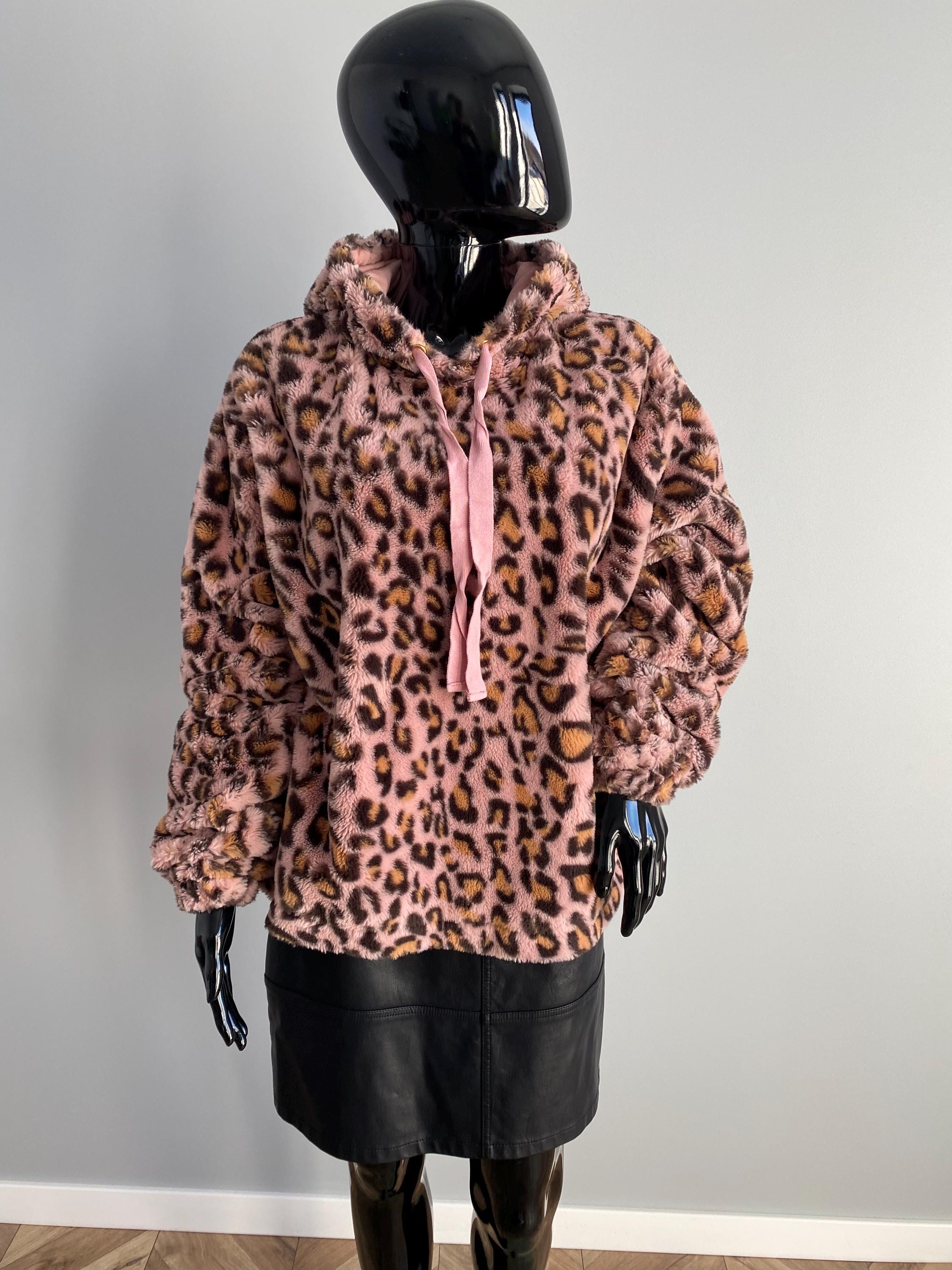 Pink Faux Fur Leopard Print Hooded Jacket – Lined – Size M (UK 12