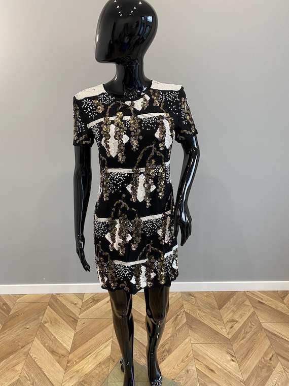 french connection black gold sequin dress White UK 10 Modern Vintage Party Dress Statement Evening Dress Sequin shift