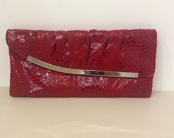 Burgundy Evening Clutch Purse – Snake Print Shiny Textured Bag – Formal Wedding Party Bag