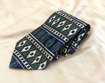 Corbata de seda vintage inglesa: estampado abstracto verde azulado, estilo retro de oficina