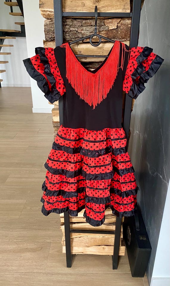 赤 - 黒 フラメンコドレス：スペイン風フリルダンス衣装 - サイズ 6-9