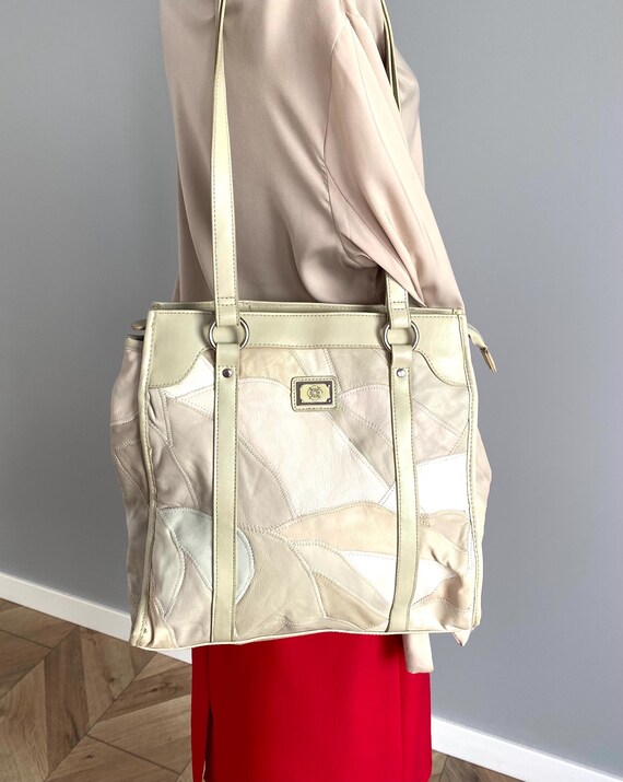 Beige Patchwork Tote Bag – Large Leather Style Sh… - image 3
