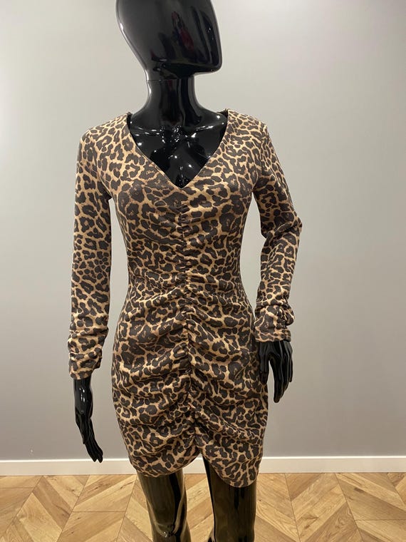 Zara Leopard Print Ruched Dress Womens US S EU S Long Sleeve Bodycon Animal Print Zara Basic Mini Dress