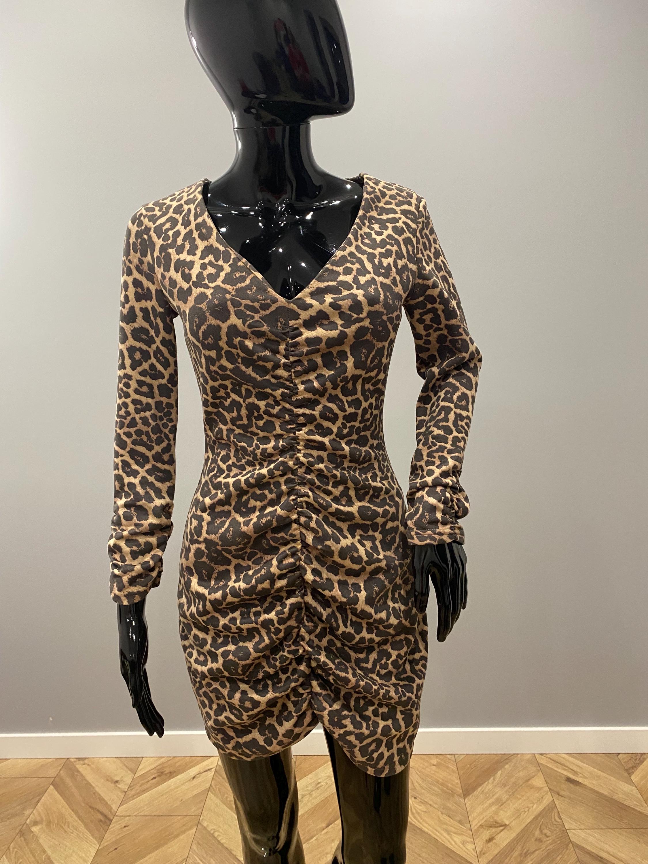 Zara Leopard Print Ruched Dress Womens US S EU S Long Sleeve Bodycon Animal Print Zara Basic Mini Dress