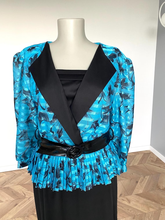 80s Faux Two-Piece Dress: Turquoise & Black Peplum - US 10/EU 42 80s Faux Two-Piece Dress: Turquoise & Black Peplum - US 10/EU 42