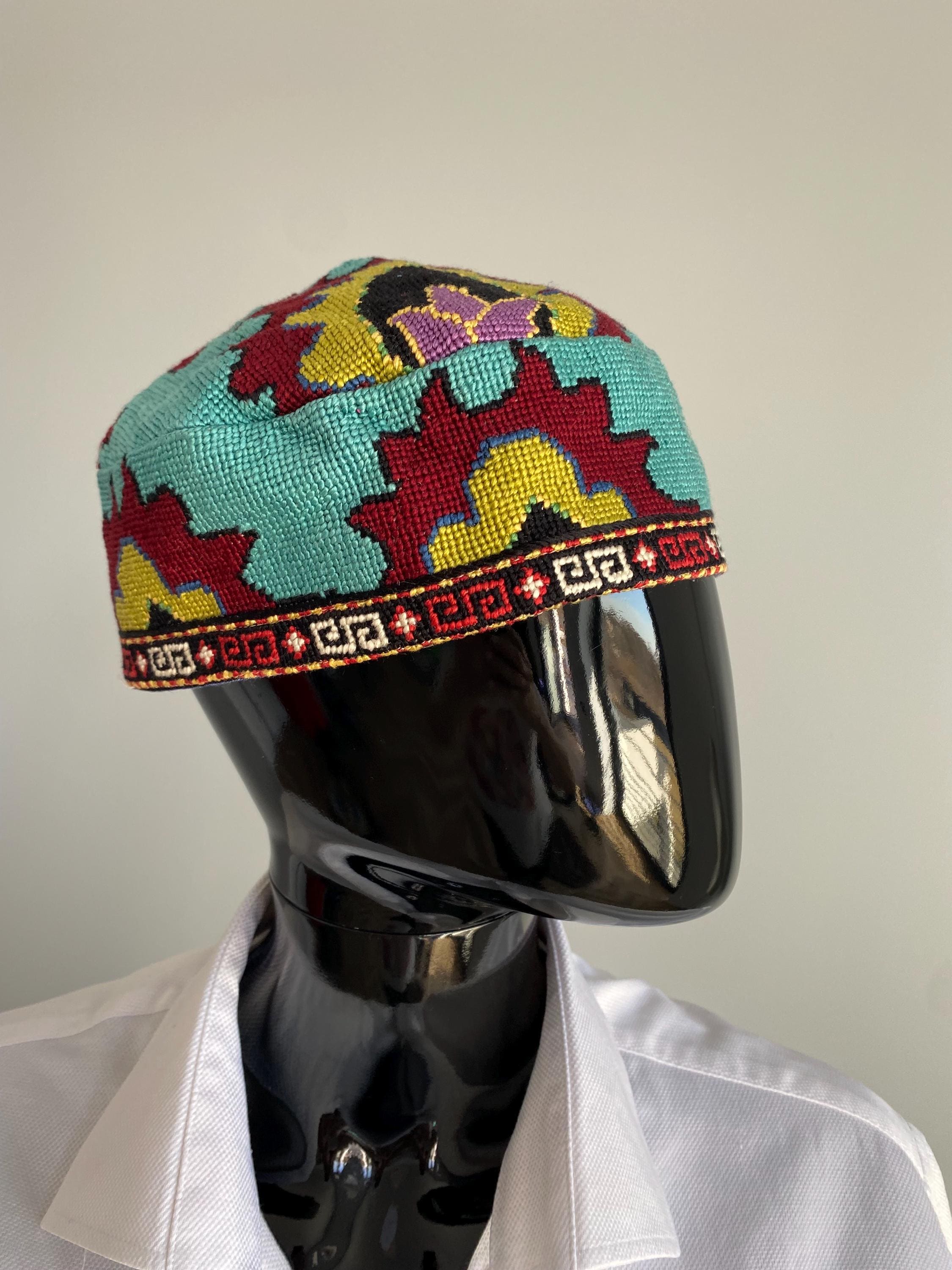 Vintage Traditional Embroidered Maroon Gold Uzbek Tajik Tubeteika Skullcap Hat These traditional skullcaps, known as taqiya or tubeteika  main image 3