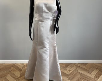 Vintage Dzage Bridesmaid by Veromia Silver Satin Maxi Dress UK Designer Formal Gown Boat Neck Mermaid Silhouette Pearl Grey Wedding Guest