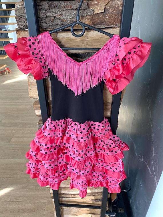 hipmenbers Pink Black Flamenco Dress: Spanish Ruffle Dance Costume - Size 4-5 Year