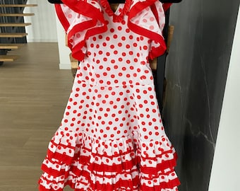 Red White Flamenco Dress: Spanish Ruffle Dance Costume - Size 8-10 Year
