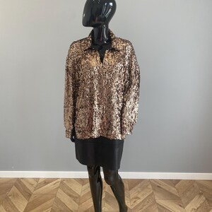 Vintage Pailletten Bluse Dunkelgold Frauen Party Top Schimmer Abendbluse XL US16 EU48 Glam Disco Top Plus Size