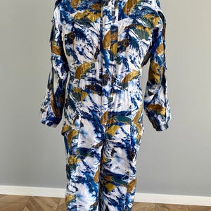 80s Retro BOY Fabric Ski Suit – Petite XS / Teen – Blue White Mustard Abstract – Austria Vintage One Piece