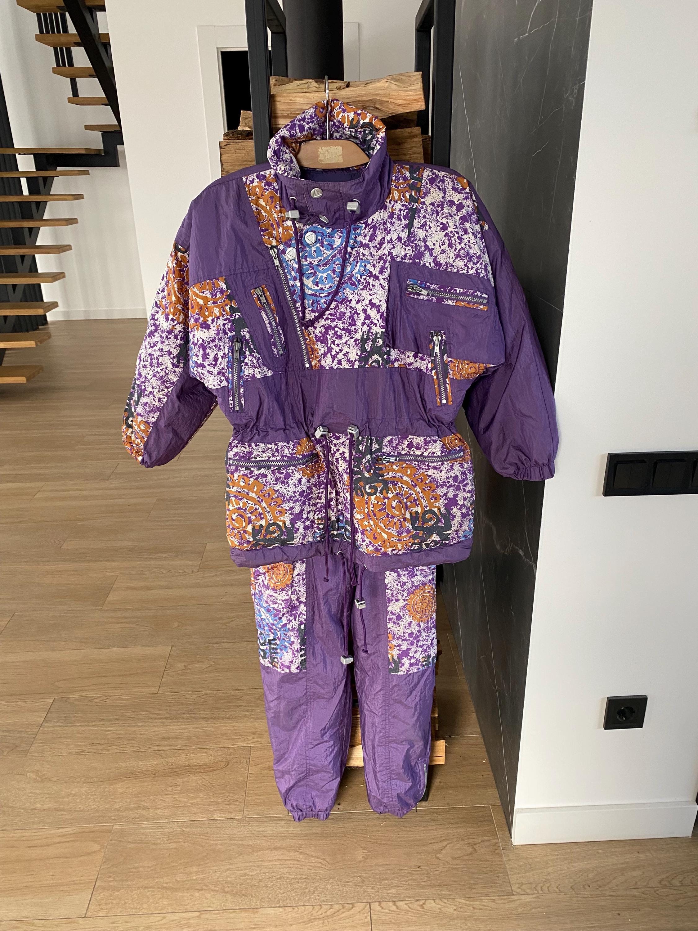 Vintage 80s 90s Kids Ski Snowsuit Purple Abstract Jacket Bib Pants