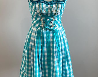 Vintage Bavarian Dirndl Dress with Apron Turquoise Blue White Gingham Embroidery Size S