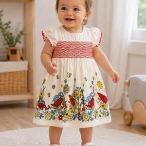 May include: A cream-colored dress with short puff sleeves and a red smocked bodice. The skirt features a colorful print of red chairs, blue mushrooms, yellow flowers, and green foliage. The dress has red trim on the sleeves and a small red hair clip.