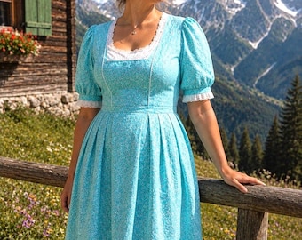 Vintage Dirndlkleid aus türkisfarbener Baumwolle: Bayerische Tracht, EU 44 L / US 12