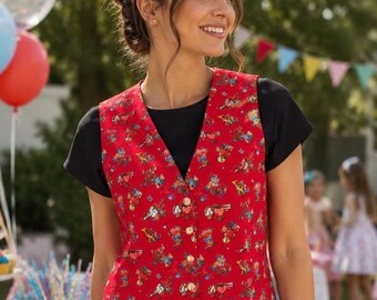 Vintage Novelty Teddy Bear Print Vest - Women's Red Button Front Waistcoat - Cute Retro Statement Vest - EU 42 /US 10 /M-New