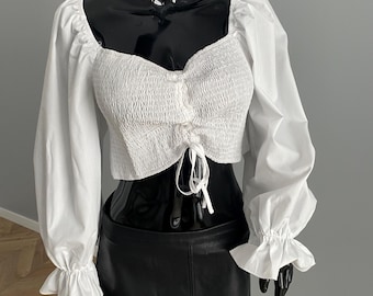 White Crop Blouse – Square Neck Puff Sleeve Top – Bavarian Pirate Festival Blouse – L/XL
