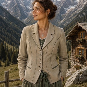 May include: A beige blazer with long sleeves, a notched lapel, and a row of small silver buttons down the front. The jacket features dark green piping along the seams and pockets, worn over a dark green dress with a tied waist and white lace trim.