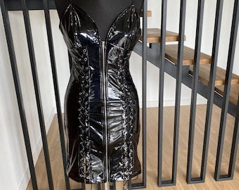 Vestido de fiesta vintage de cuero ecológico negro de los años 80 - Talla S