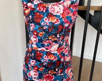 Vestido vintage con estampado floral de los años 80: estilo veraniego sin mangas, talla M