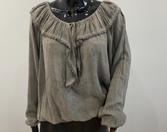 Italian Gray Washed Cotton Blouse L US 14 Embroidered Ruffle Top Long Sleeve Boho Romantic Made in Italy Viscose Cotton Blend
