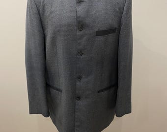 Men’s Grey Mandarin Collar Jacket – Nehru Style Blazer, Micro Check, Chest 46”(XL)