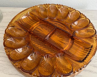 Vintage L.E. Smith Amber Glass Deviled Egg Plate | Center Relish Tray