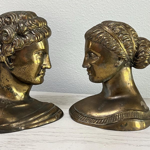 Vintage bronze/brass Greek/Roman Mythology Bookends, Depicting of Julius Caesar & Calpurnia 
