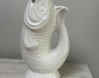 FAIANCAS NETO & GOMES Pottery Large White Fish Pitcher Made In Portugal Gurgle pitcher