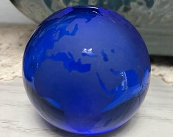 Cobalt Art Glass Etched Topography World Globe Paperweight polished bottom 4"