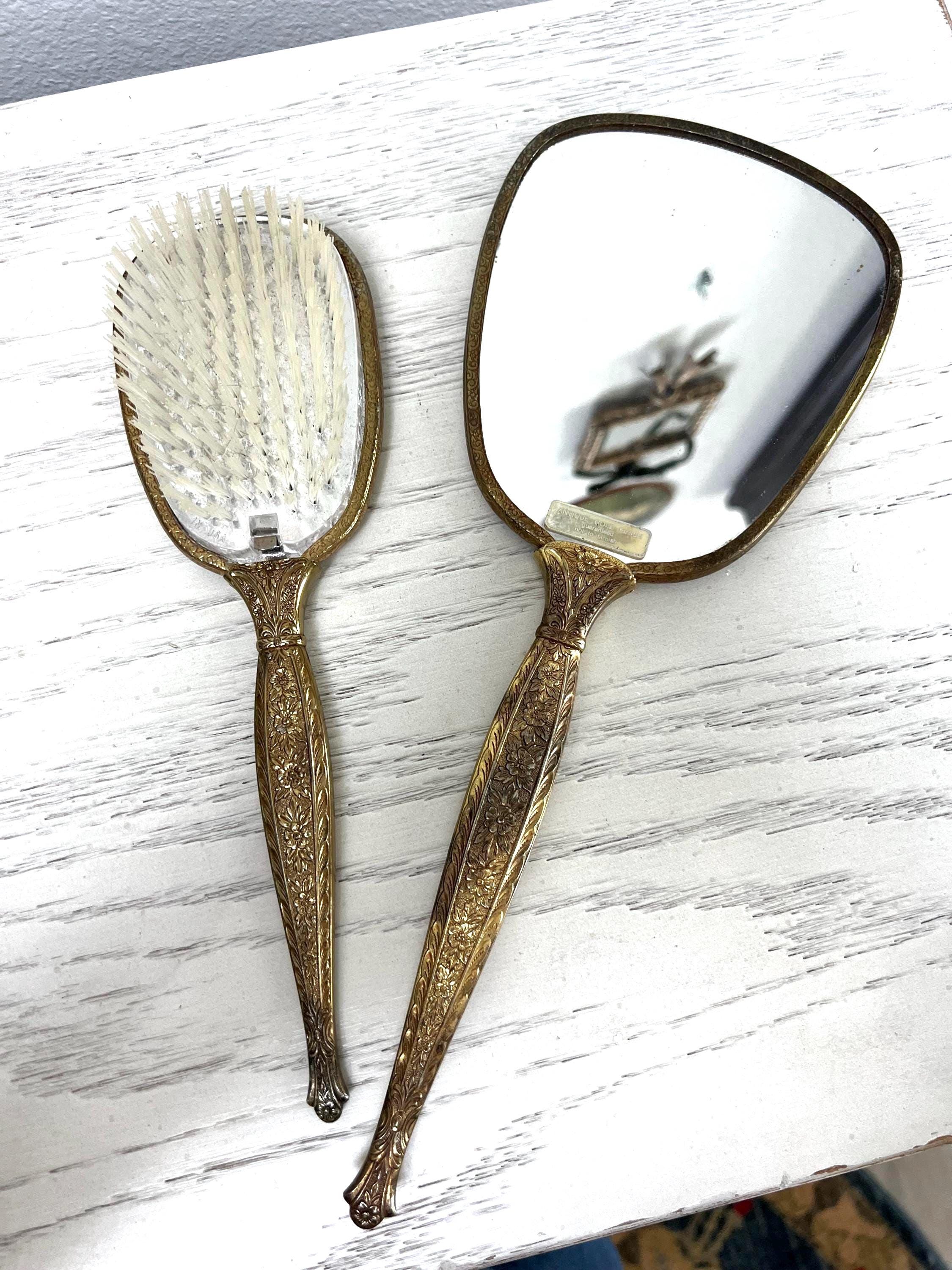 Vintage Gold Tone Mirror & Nylon Hair Brush Victorian Floral Marked Nylon USA Vintage Vanity Hand Mirrors and Hair Brush Set of 3 with  main image 2