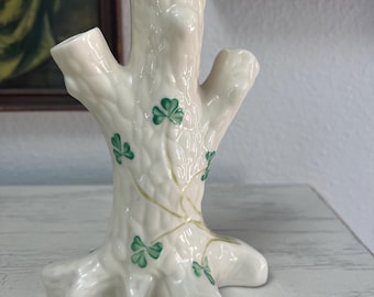 Belleek Tree Trunk Shamrock Triple Bud Vase Green Mark Ireland Great Condition
