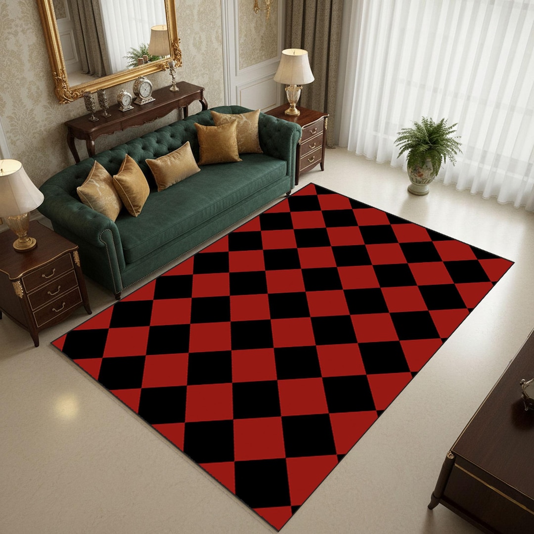 Red and Black Checkered Area Rug, Modern Diamond Pattern, Non-slip - Etsy