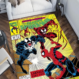 May include: A rectangular rug with a comic book cover design featuring Spider-Man, Venom, and Carnage. The rug has a yellow background with comic book text and illustrations. The characters are in red, blue, and black.