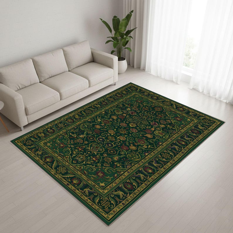 Green Vintage Rug – Floral Non-slip Washable Carpet - Etsy UK