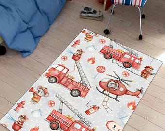 Firefighter Kids Rug: Washable Non-Slip Playroom Carpet