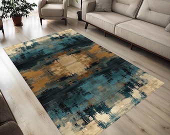 Mid Century Modern Area Rug, Abstract Watercolor Design, Blue Brown Beige