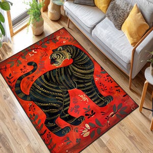 tiger rug, black Tiger Rug, Tibetan Tiger rug, vintage leopard rug, animal rug, living room rug, printed rug, tiger and flowers rug, red rug
