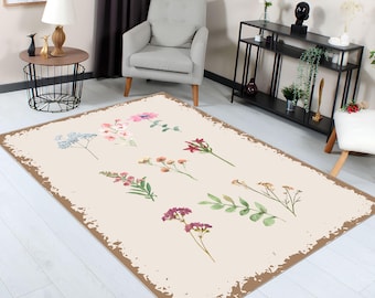 ターコイズ色の花柄ラグ 152x220cm 花柄滑り止めラグ：ターコイズボヘミアンビレッジハウスデザイン