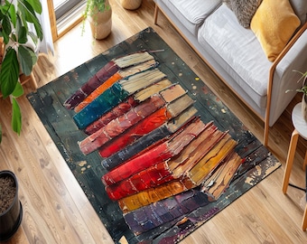 Bookshelf Rug: Vintage Book Stack Pattern - Library Decor