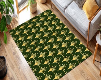Green Art Deco Rug, Geometric Gold Pattern, Living Room Carpet