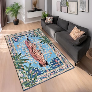 Bengal Tiger Area Rug: Rustic Wild Nature Motif, Blue Accent