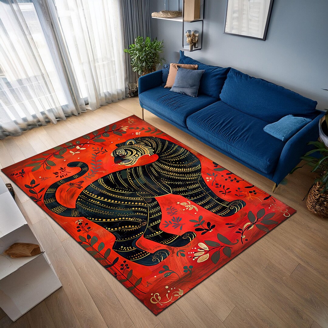 Red Animal Rug Tiger Area Rug, Red Boho Rug, Folk Art Animal Rug, Ethnic Statement Rug ...