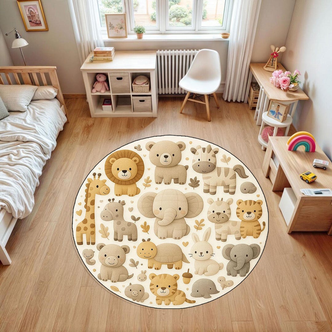 Round Animal Rug Cute Safari Animals Kids Rug, Round Kids Animal Rug, Nursery Animal ...