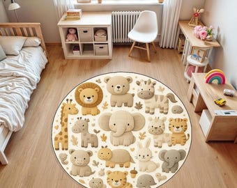 Cute Safari Animals Kids Rug, Round Kids Animal Rug, Nursery Animal Carpet, Neutral Baby Room Floor Mat, Woodland Zoo Theme Playroom Decor