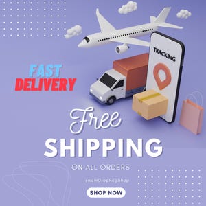K&ouml;nnte beinhalten: Eine 3D-Darstellung eines wei&szlig;en Flugzeugs, eines Lieferwagens und eines Smartphones mit einem Paket und einer Einkaufstasche. Die W&ouml;rter "Fast Delivery" und "Free Shipping" sind auf einem lila Hintergrund zu sehen.