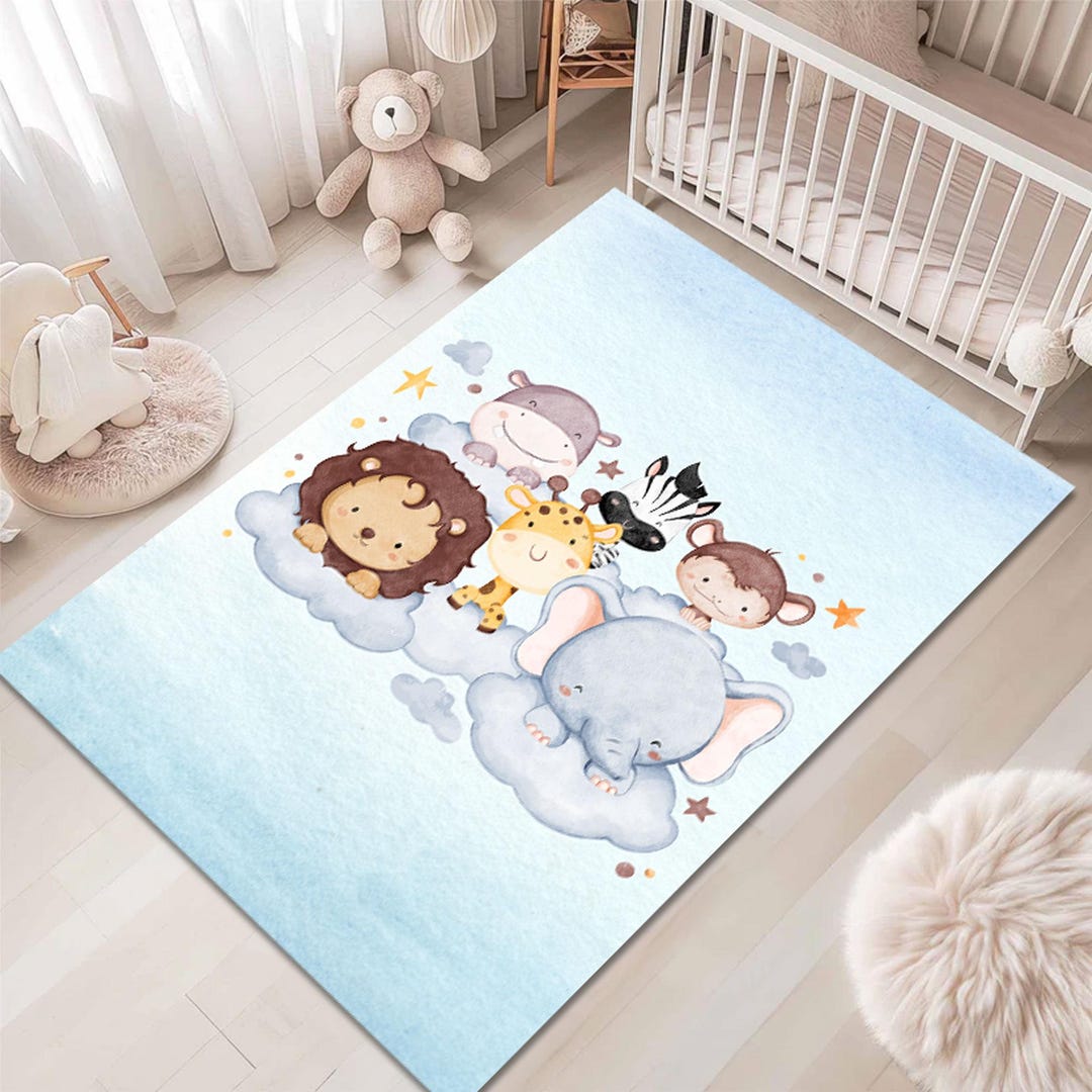Kids Room Rug, Blue Cartoon Animals, Washable Nursery Rug - Etsy