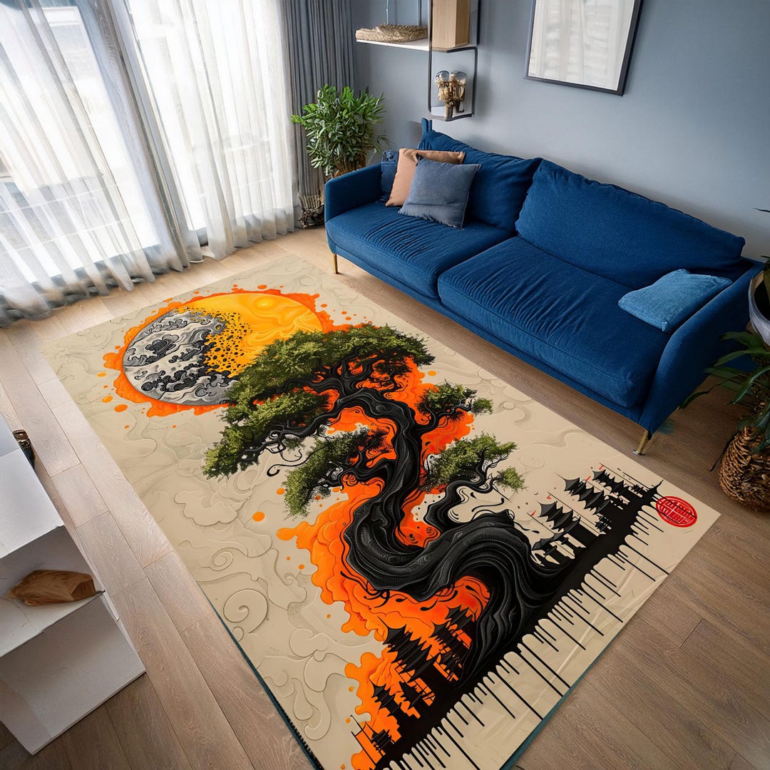 Japanese Garden Rug: Sakura Tree, Sun & Moon Design - Etsy